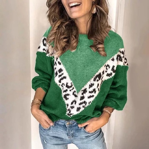 Sweaters - Green Leopard V- Two Tone Knit Sweater